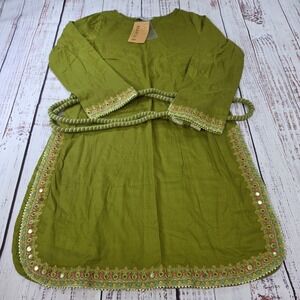 Maria B Kurta Tunic Women Medium Green NWT Embroidered Mirror Work Belted Kurti